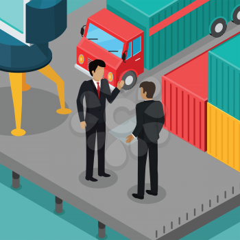 Business negotiations in the port concept. Vector in isometric projection. Two businessman talking on the berth with cargo car, metal containers, crane. Trade relations. For transport company ad