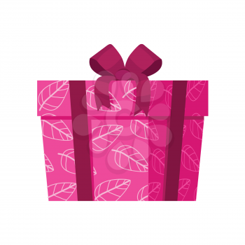 Pink gift box with white leaves isolated. Present box with fashionable ribbon and bow. Decorative stylish wrap for presents package. Modern packing product. Gift container web icon sign symbol. Vector