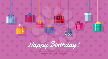 Happy Birthday vector banner. Flat style. Colorful gift boxes with ribbons on pink background with stars. For celebrating invitations, greeting cards, event management companies landing page design