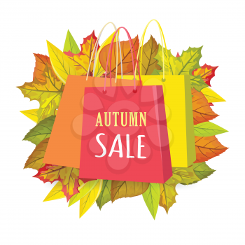 Autumn sale. Color shopping paper bags with text and fallen leaves behind isolated on white background flat vector illustration. For seasonal sales and discount promotions, stores and boutiques ad