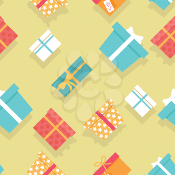 Seamless pattern with colorful gift boxes with fashionable ribbons and bows isolated. Present. Decorative stylish wrap for presents package. Modern packing product. Gifts web icon sign symbol. Vector