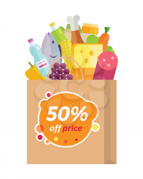Sale in grocery store vector concept. Flat design. Purchases planning and buying fresh products for a week. Various foods sticking from paper bag with fifty percent discount. For shop, delivery ad