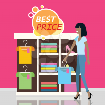 Sale in clothing store vector concept. Flat design. Smiling young woman standing near shelves with clothes, best price sticker above. Shopping in boutique. For  For store goods sales and discounts ad