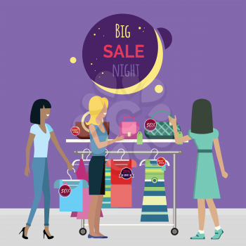 Big night sale round banner. Sale in fashionable boutique. Girls near couture counter choose the dresses and bags. Best price on the modern brands. Sale at night in the store. Women shopping. Vector