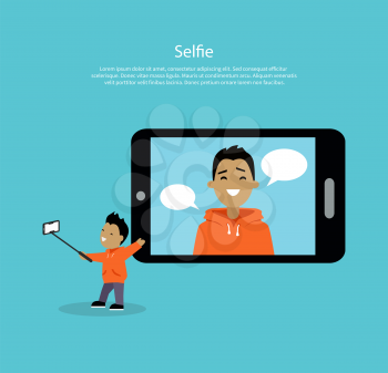 Selfie concept vector. Flat style design. Boy smiling character holding phone on selfie stick near giant mobile device with his photo. Social network communication, picture sharing illustrating.