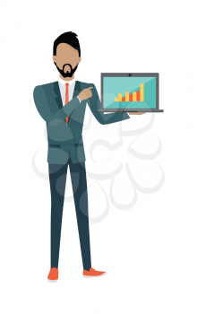 Man demonstrating chart on the laptop. SEO concept in flat style. Human characters with computers and mobile devices working for content search engine optimization and designing sites. Vector