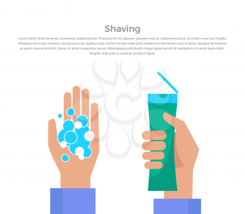 Shaving banner illustration. Human basic hygiene conceptual illustration. Flat design. Tube of shaving gel in hand, foam bubble vector for skin care products ad, cosmetics companies, web page design.