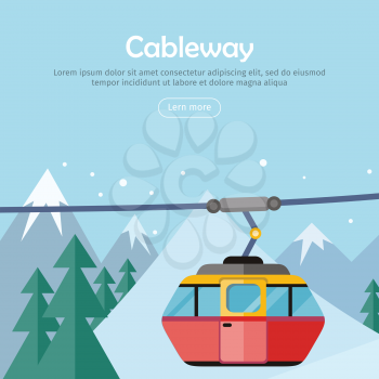 Cableway on mountain landscape. Cable car and snowy mountains design. Ski lift, trolley car, transportation tourism, travel cabin, snow winter, vacation and ropeway, elevator outdoor aerial. Vector