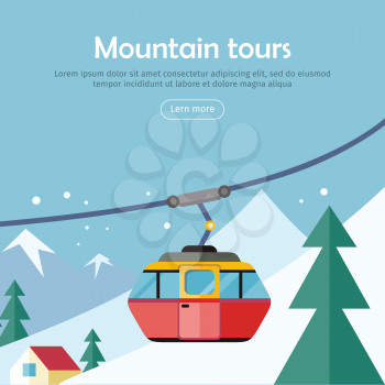 Mountain tours conceptual web banner. Funicular railway, cable railway car on winter landscape background. Ski lift, trolley car, transportation tourism, travel cabin, winter vacation, ropeway. Vector