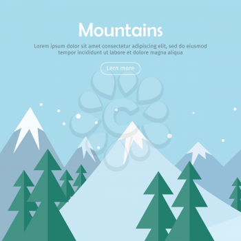 Mountains landscape web banner. Mountaineering mountain climbing Alpinism concept. Extreme hills in snowy high mountains. Sport season winter holiday resort. Blue sky and crystal white snow. Vector