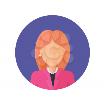 Woman character avatar vector in flat style design. Red-head female personage portrait icon in blue circle. Illustration for concepts, app pictograms, infographic. Isolated on white background. 