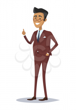 Male character in business suit vector. Flat style design. Team leader, boss, expert, teacher, successful businessman illustration. Giving good advice concept. Man with raised finger up smiling.