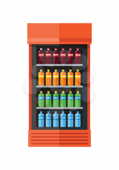 Orange showcase refrigerator for cooling drinks in bottles. Different colored bottles in orange drinks fridge. Fridge dispenser cooling machine. Isolated object in flat design on white background.