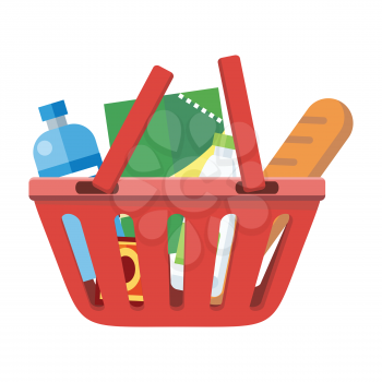 Illustration of red shopping basket with different products. One plastic shopping basket. Shopping basket icon. Isolated object in flat design on white background. Vector illustration.