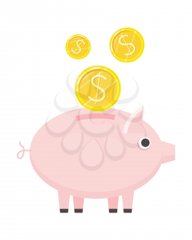 Piggybank with gold coin vector icon in flat style. Savings, bank deposit, pension concept. Illustration for application button pictograms, infogpaphics elements, logo, web design. Isolated on white