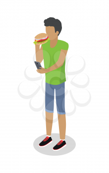 Street food buyer isolated. Man in casual cloth ears hot dog. Cartoon character with unhealthy food. Concept illustration for street food consumption. Quick snack. Fast food. Vector in flat design
