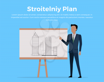 Building plan concept vector. Flat design. Businessman standing and pointing finger on paperboard with buildings projects. Illustration for construction, engineering, architectural companies ad.