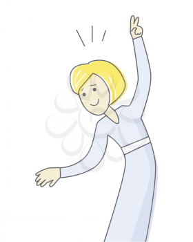 Happy woman in blue dress dancing. Woman dancing icon. Successful woman having fun and dancing. Woman rejoices, celebrates his victory, success. Line art. Isolated object on white background.