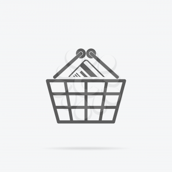 Simple shopping basket icon. Grey line pictogram plastic or steel basket with credit card inside and shadow under it . Vector illustration for shopping services, applications icons, logo design.