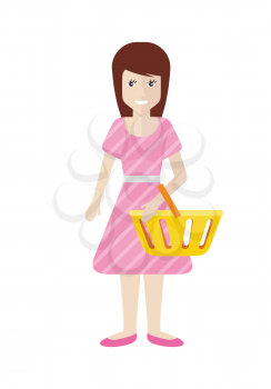 Women with trolley basket at supermarket. Girl with cart purchases design. Lady consumer with empty cart starts her shopping. Buyer with empty plastic basket. Shopper purchase. Vector illustration