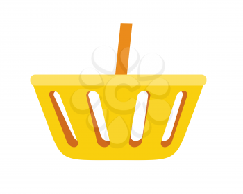 Simple shopping basket vector in flat style. Yellow plastic basket for goods in grocery store, supermarket. Accessories for trade. Illustration for shopping services, applications icons, logo design.
