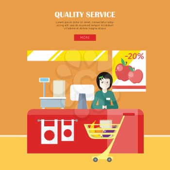 Quality service concept. Woman in green shirt standing behind counter of supermarket. People shopping, marketing people, customer in mall, retail store illustration. People in supermarket interior.