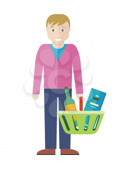 Customer man character vector illustration in flat style design. Smiling male with shopping basket full of products. Buying alcohol in supermarket concept. Isolated on white background. 
