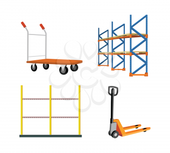 Set of warehouse tools vector. Heavy hand pullet truck, racks, hydraulic trolley jack illustrations for delivery, equipment trading companies and services advertising. Isolated on white background.
