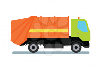 Orange garbage truck transportation. Tipper with green cabin and orange vehicle. Recycle truck icon. Truck for assembling and transportation garbage. Vector illustration in flat style design.