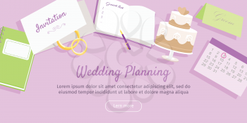 Wedding planning web banner. Preparation for the wedding day. Getting ready to the marriage ceremony. Planning everything ahead. Choosing the date, place, decoration, restaurant menu. Vector