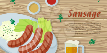 Sausage on the plate isolated on wooden background. Three sausages with fried egg and lettuce salad with cup of beer and tasty sauce. Stylish snack. Nutrition lunch. Vector in flat style.