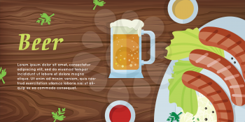 Beer vector web banner. Grilled Bavarian sausages on plate with garnish, sauce and pint of beer flat illustration on wooden background. German national cuisine. Oktoberfest. For restaurant web page