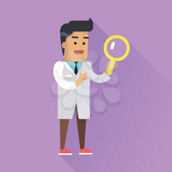 Scientist at work illustration. Vector in flat design. Scientific icon. Smiling male character in white gown standing with magnifying glass. Educational experiment. On violet background with shadow