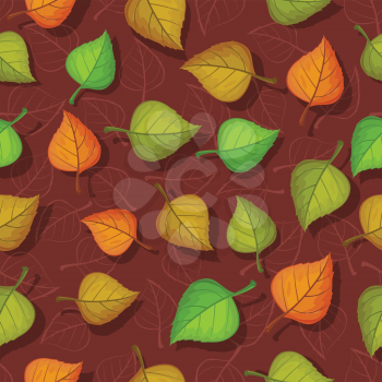 Leaves vector seamless pattern. Flat style illustration. Falling color tree leaves on brown background. Autumn defoliation. For wrapping paper, greeting card, invitation, printing materials design