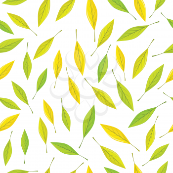 Seamless pattern with autumn leaves on white background. Autumnal illustration with yellow, green and silhouette leaves. Fall concept. Wallpaper and textile design. Floral leaf decor. Vector
