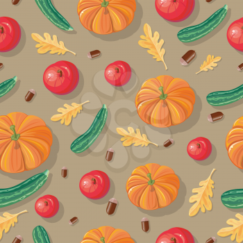 Autumn harvest conceptual vector seamless pattern. Flat design. Ripe pumpkins, zucchini, apples, acorns, oak leaves on yellow-brown background. Vegetable ornament. For wrapping, printings, grocery ad