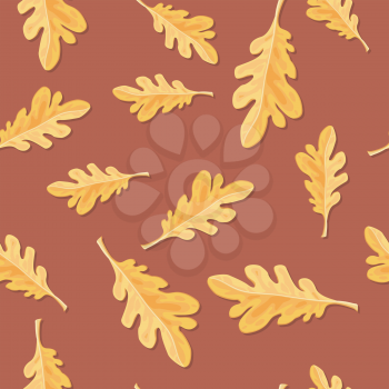 Oak leaves vector seamless pattern. Flat style illustration. Yellow leaves of oak tree on brown background. Autumn defoliation. For wrapping paper, greeting card, invitation, printing materials design