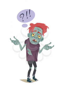 Zombie character isolated on white. Fictional being hesitating. Speech bubble with question and exclamation sign. Horror fantasy concept. Halloween science fiction man in flat style. Vector