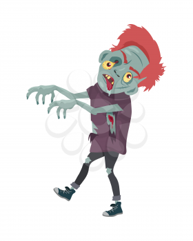 Zombie Character Walking with Stretched Hands isolated on white. Horror fantasy, Halloween concept. Undead creature in flat style. Science fiction cartoon illustration. Horror fantasy. Vector