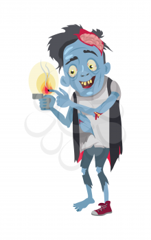 Zombie character isolated. Fictional being burning his finger and smiling. Funny zombie cooking himself. Horror fantasy concept. Halloween science fiction man in flat style. Vector illustration