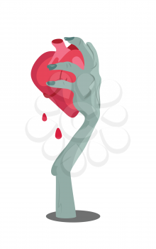 Zombie hand appears with torn heart isolated on white. Horrible arm of undead human creature. Happy Halloween concept in flat style. Science fiction cartoon illustration. Horror fantasy. Vector