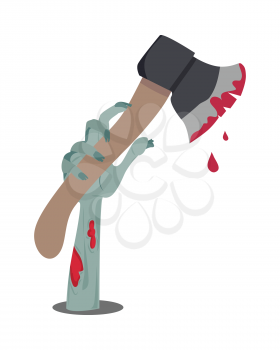 Zombie hand appears with axe in blood isolated on white. Horrible arm of undead human creature. Happy Halloween concept in flat style. Science fiction cartoon illustration. Horror fantasy. Vector