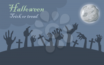 Halloween. Trick or treat. Zombie hands appear from graves at moonlight. Night at cemetery. Horrible arms of undead creatures. Science fiction cartoon illustration. Horror fantasy. Vector