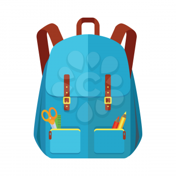 Blue backpack schoolbag icon in flat style. Hiking backpack. Kids backpack with school supplies, education and study school, rucksack, urban backpack vector illustration on white background