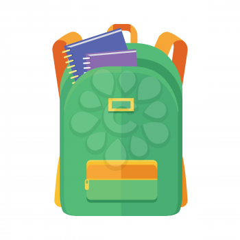 Green backpack schoolbag icon in flat style. Hiking backpack. Kids backpack with notebooks, education and study school, rucksack, urban backpack vector illustration on white background