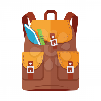 Brown backpack schoolbag icon in flat style. Hiking backpack. Kids backpack with notebook and ruler, education and study school, rucksack, urban backpack vector illustration on white background