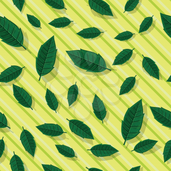 Leaves vector seamless pattern. Flat style illustration. Falling green tree leaves on striped background. Autumn defoliation. For wrapping paper, greeting card, invitation, printing materials design