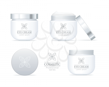 Eye cream professional series. Set of white tubes for cosmetics on white background. Product for body, skin and face care, beauty, health, freshness, youth, hygiene. Realistic vector illustration.