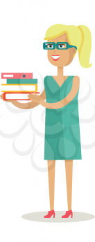 Office worker character vector. Flat design. Young smiling blonde woman in glasses standing and holding stuck of documents. Paper work, data analyzing Illustration for business concepts, infographics.