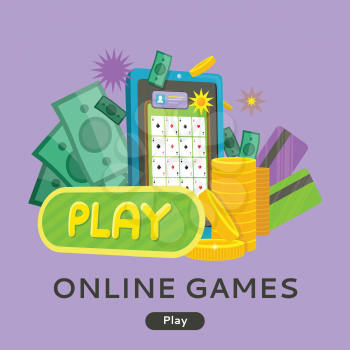 Online games web banner isolated on purple with play button. Money, coins, credit cards, gambling devices and stars. Casino jackpot, luck game, chance and gamble, lucky fortune. Vector illustration